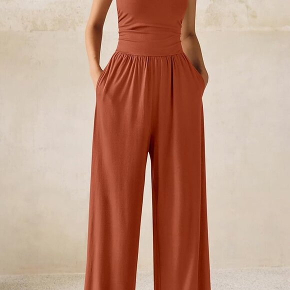 One Piece Jumpsuits for Women Dressy Casual Sleeveless Crewneck Wide Leg Rompers - Picture 4 of 8
